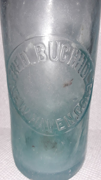 Fred. Buchholz New Haven, Con. Karl Hutter New York Aqua Blob-Top Beer Bottle