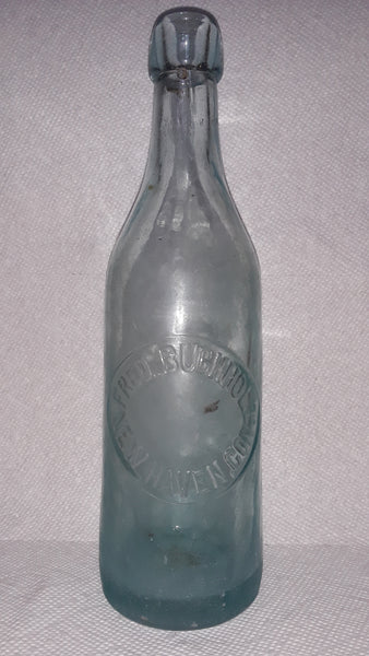 Fred. Buchholz New Haven, Con. Karl Hutter New York Aqua Blob-Top Beer Bottle