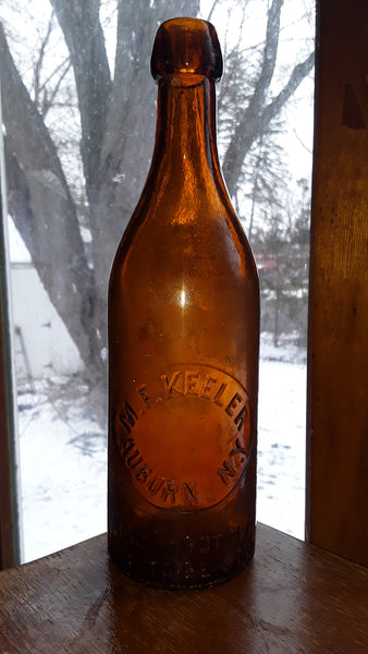 M.F. KEELER AUBURN. N.Y. AMBER BLOB TOP BEER BOTTLE c1890's PRE PROHIBITION