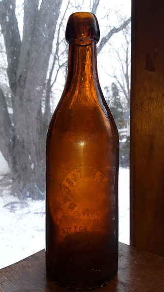 M.F. KEELER AUBURN. N.Y. AMBER BLOB TOP BEER BOTTLE c1890's PRE PROHIBITION