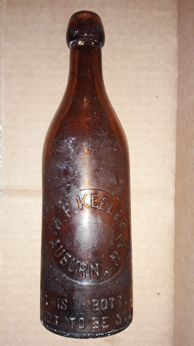 M.F. KEELER AUBURN. N.Y. AMBER BLOB TOP BEER BOTTLE c1890's PRE PROHIB ...