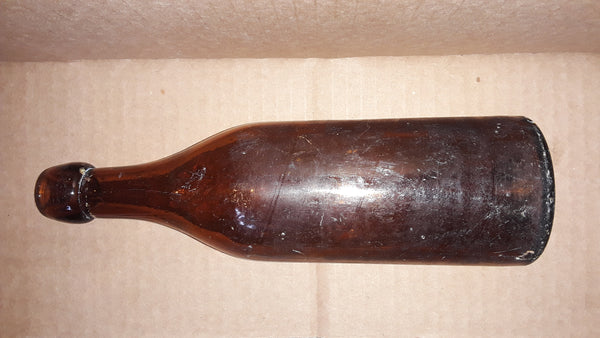 M.F. KEELER AUBURN. N.Y. AMBER BLOB TOP BEER BOTTLE c1890's PRE PROHIBITION